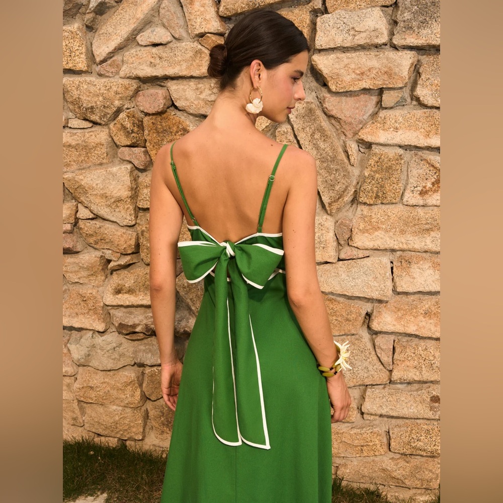 Commense Emerald Green Backless Midi Dress with White-Trim Bow